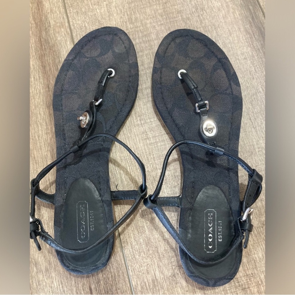 Coach Robyn Black Thong Ankle Strap Flat Sandals